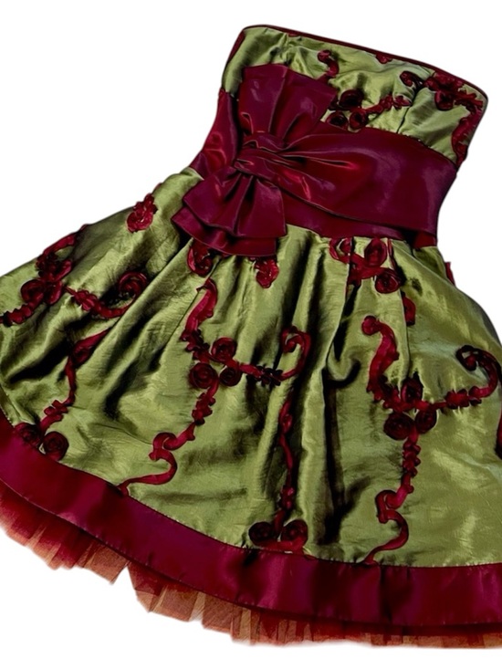 Jessica McClintock Dresses & Skirts - Vintage Jessica McClintock Strapless Olive & Burgundy Party Dress, size 2